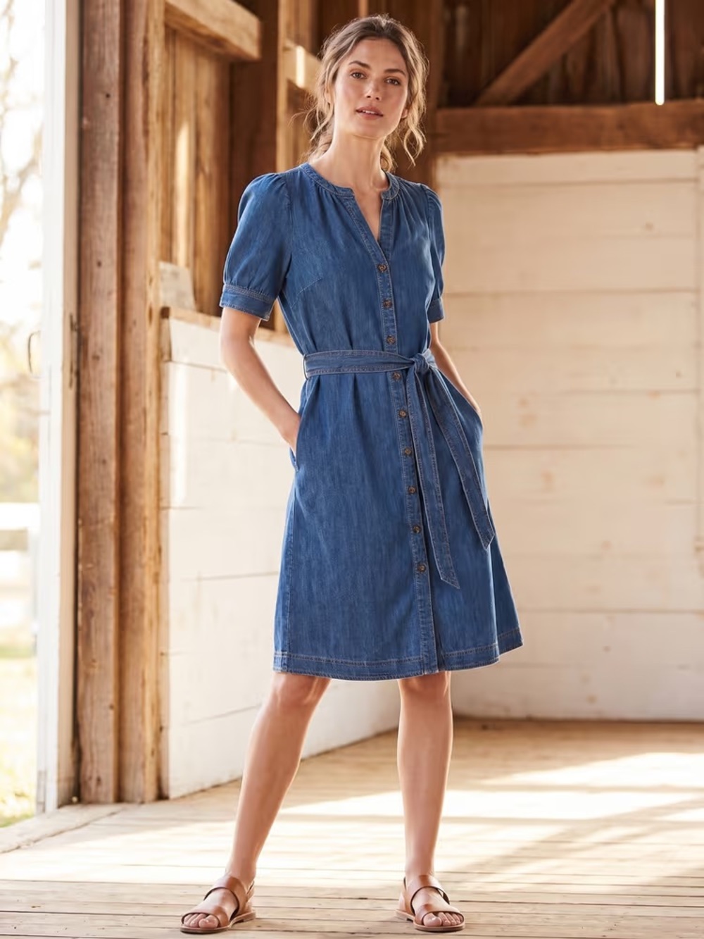 Talbots Blue Denim Button-Front Tie-Waist Dress